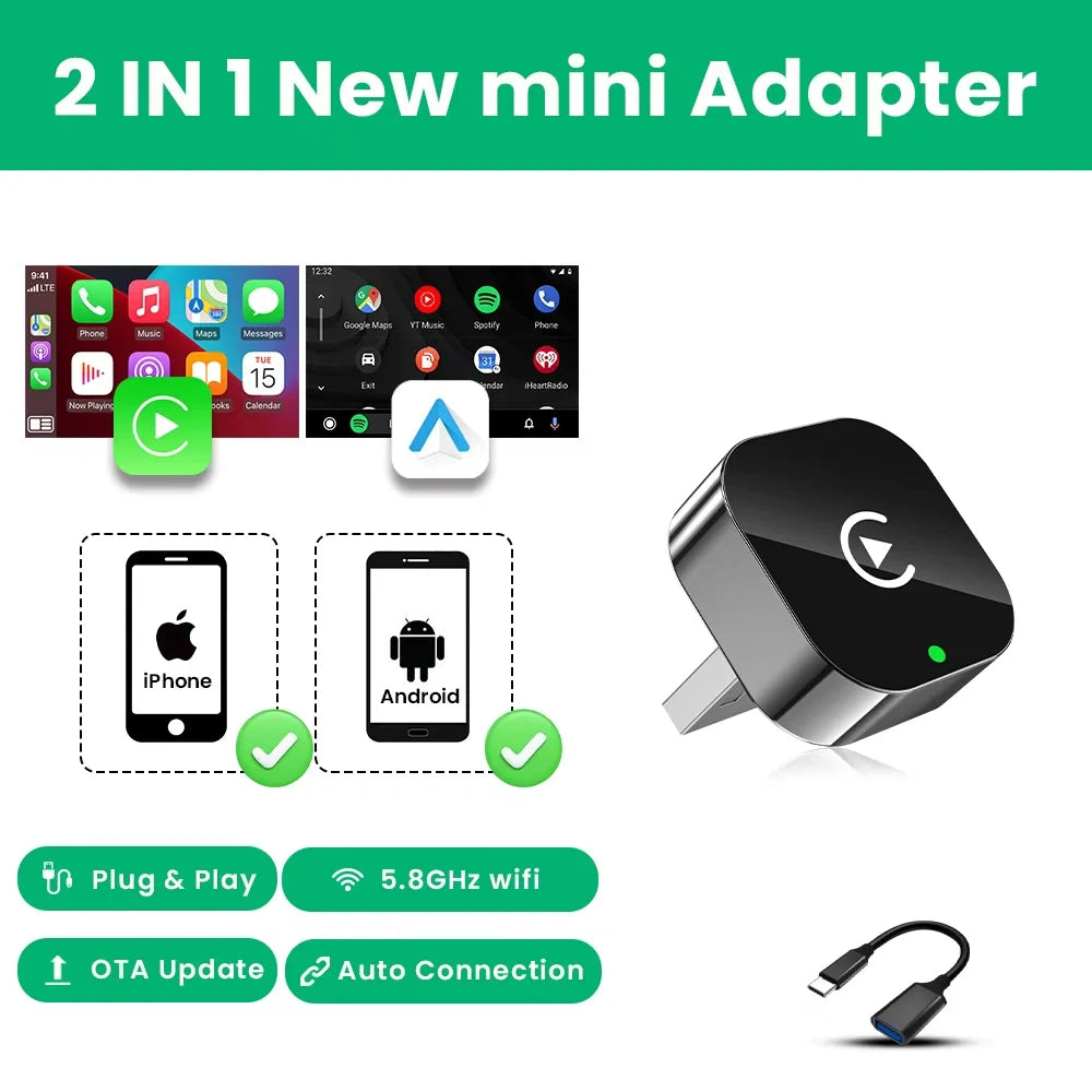 SmartDrive™ 2-in-1 Wireless Car Adapter — Seamless CarPlay & Android Auto for VW, Toyota, Nissan, Honda, Kia, Opel & MG
