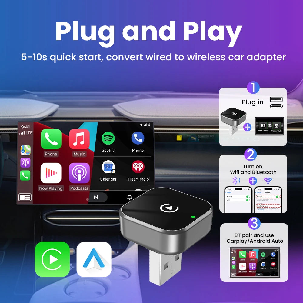 SmartDrive™ 2-in-1 Wireless Car Adapter — Seamless CarPlay & Android Auto for VW, Toyota, Nissan, Honda, Kia, Opel & MG