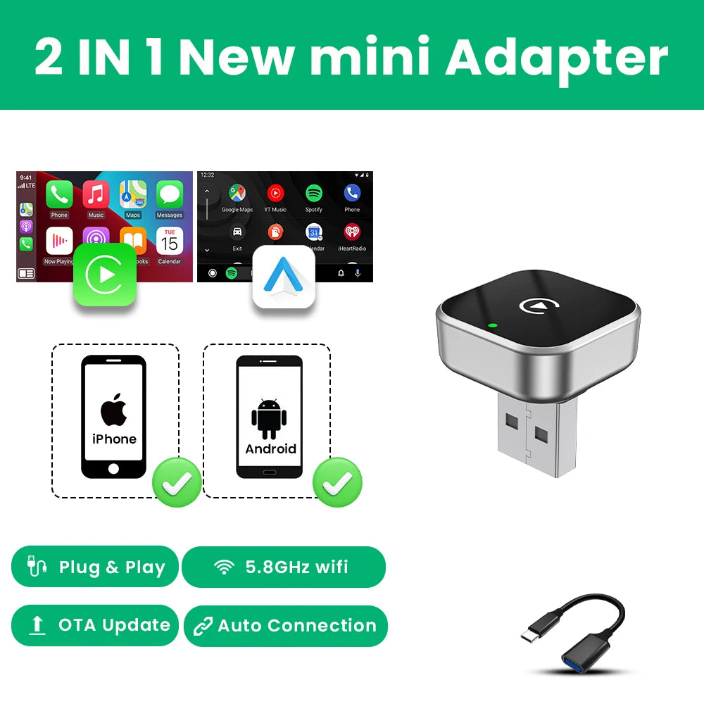 SmartDrive™ 2-in-1 Wireless Car Adapter — Seamless CarPlay & Android Auto for VW, Toyota, Nissan, Honda, Kia, Opel & MG